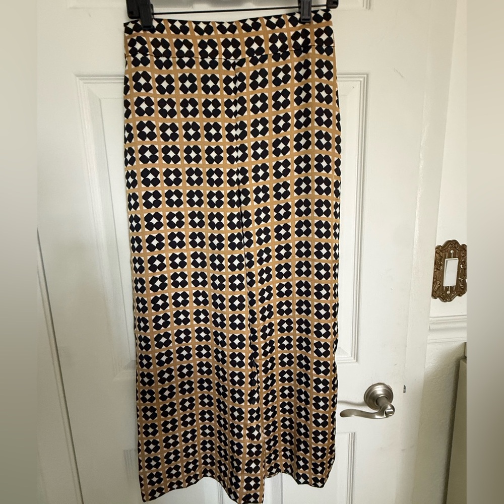 ZARA Printed Wide Leg Pants Geometric Camel & Black Side Zip Size M Boho - Picture 4 of 15